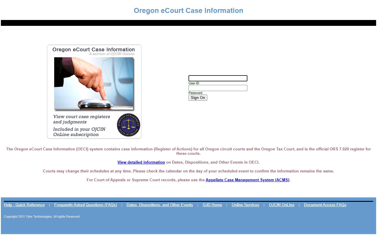 Oregon Judicial Department online portal for searching booking releases and court records