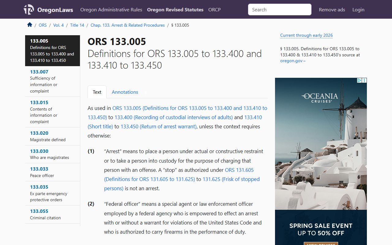 ORS 133.005 Oregon legal definitions for arrest and booking releases