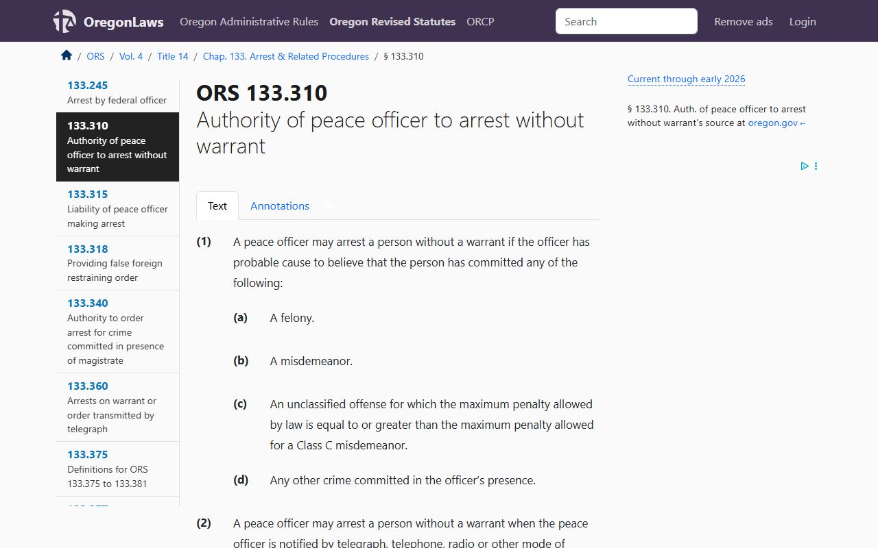 ORS 133.310 Oregon arrest by warrant law related to booking releases